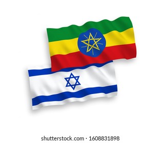 National vector fabric wave flags of Ethiopia and Israel isolated on white background. 1 to 2 proportion.