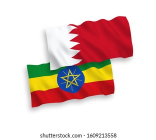 National vector fabric wave flags of Ethiopia and Bahrain isolated on white background. 1 to 2 proportion.