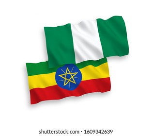 National vector fabric wave flags of Ethiopia and Nigeria isolated on white background. 1 to 2 proportion.