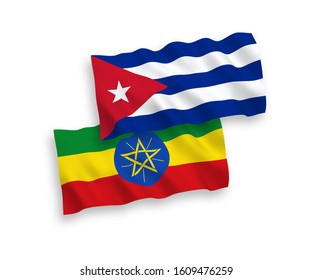 National vector fabric wave flags of Ethiopia and Cuba isolated on white background. 1 to 2 proportion.