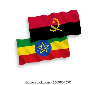 National vector fabric wave flags of Ethiopia and Angola isolated on white background. 1 to 2 proportion.