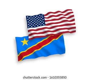 National vector fabric wave flags of Democratic Republic of the Congo and USA isolated on white background. 1 to 2 proportion.