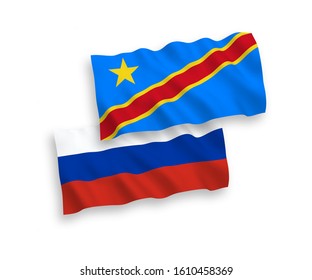 National vector fabric wave flags of Democratic Republic of the Congo and Russia isolated on white background. 1 to 2 proportion.