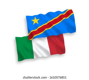 National vector fabric wave flags of Italy and Democratic Republic of the Congo isolated on white background. 1 to 2 proportion.