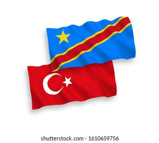 National vector fabric wave flags of Turkey and Democratic Republic of the Congo isolated on white background. 1 to 2 proportion.
