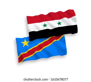 National vector fabric wave flags of Democratic Republic of the Congo and Syria isolated on white background. 1 to 2 proportion.