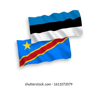 National vector fabric wave flags of Estonia and Democratic Republic of the Congo isolated on white background. 1 to 2 proportion.