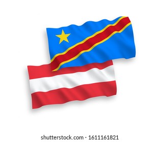 National vector fabric wave flags of Austria and Democratic Republic of the Congo isolated on white background. 1 to 2 proportion.
