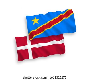 National vector fabric wave flags of Denmark and Democratic Republic of the Congo isolated on white background. 1 to 2 proportion.