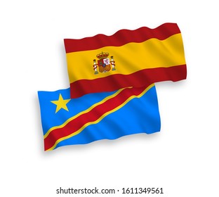 National vector fabric wave flags of Democratic Republic of the Congo and Spain isolated on white background. 1 to 2 proportion.