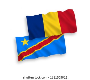 National vector fabric wave flags of Romania and Democratic Republic of the Congo isolated on white background. 1 to 2 proportion.