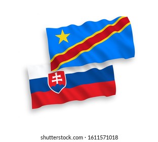 National vector fabric wave flags of Slovakia and Democratic Republic of the Congo isolated on white background. 1 to 2 proportion.