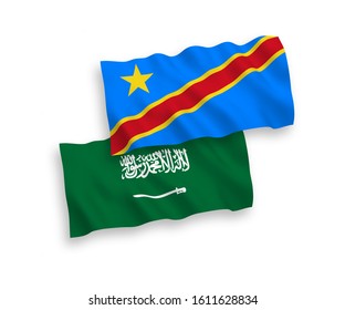 National vector fabric wave flags of Saudi Arabia and Democratic Republic of the Congo isolated on white background. 1 to 2 proportion.