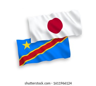 National vector fabric wave flags of Japan and Democratic Republic of the Congo isolated on white background. 1 to 2 proportion.