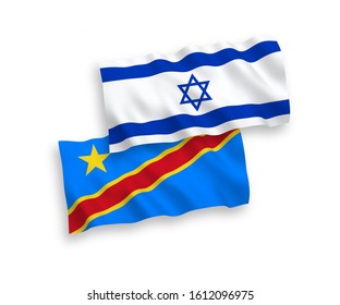 National vector fabric wave flags of Democratic Republic of the Congo and Israel isolated on white background. 1 to 2 proportion.