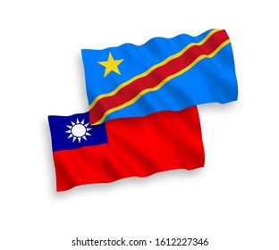 National vector fabric wave flags of Democratic Republic of the Congo and Taiwan isolated on white background. 1 to 2 proportion.
