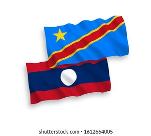 National vector fabric wave flags of Democratic Republic of the Congo and Laos isolated on white background. 1 to 2 proportion.