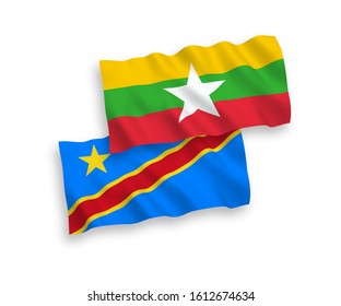National vector fabric wave flags of Democratic Republic of the Congo and Myanmar isolated on white background. 1 to 2 proportion.
