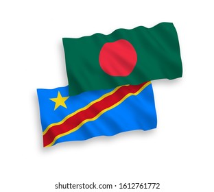 National vector fabric wave flags of Democratic Republic of the Congo and Bangladesh isolated on white background. 1 to 2 proportion.