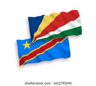 National vector fabric wave flags of Democratic Republic of the Congo and Seychelles isolated on white background. 1 to 2 proportion.