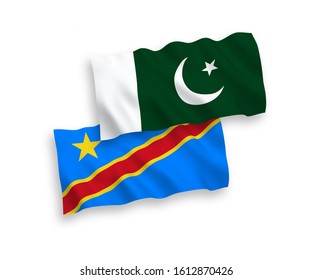 National vector fabric wave flags of Democratic Republic of the Congo and Pakistan isolated on white background. 1 to 2 proportion.