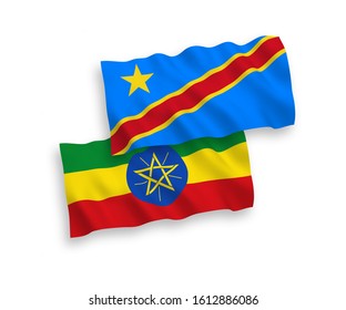 National vector fabric wave flags of Democratic Republic of the Congo and Ethiopia isolated on white background. 1 to 2 proportion.