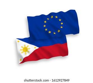 National vector fabric wave flags of European Union and Philippines isolated on white background. 1 to 2 proportion.