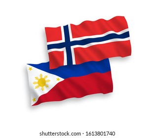 National vector fabric wave flags of Norway and Philippines isolated on white background. 1 to 2 proportion.