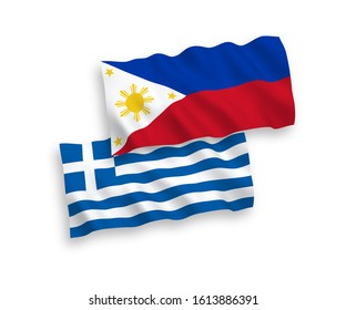 National vector fabric wave flags of Greece and Philippines isolated on white background. 1 to 2 proportion.