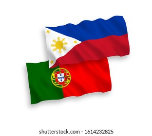 National vector fabric wave flags of Portugal and Philippines isolated on white background. 1 to 2 proportion.