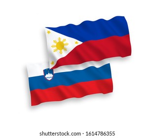 National vector fabric wave flags of Slovenia and Philippines isolated on white background. 1 to 2 proportion.