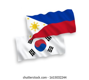National vector fabric wave flags of South Korea and Philippines isolated on white background. 1 to 2 proportion.