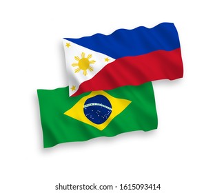 National vector fabric wave flags of Brazil and Philippines isolated on white background. 1 to 2 proportion.