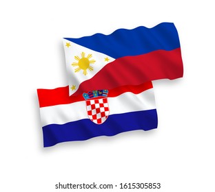 National vector fabric wave flags of Philippines and Croatia isolated on white background. 1 to 2 proportion.