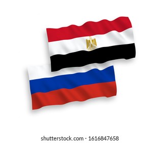 National vector fabric wave flags of Egypt and Russia isolated on white background. 1 to 2 proportion.