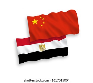 National vector fabric wave flags of Egypt and China isolated on white background 1 to 2 proportion.