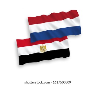 National vector fabric wave flags of Egypt and Netherlands isolated on white background. 1 to 2 proportion.