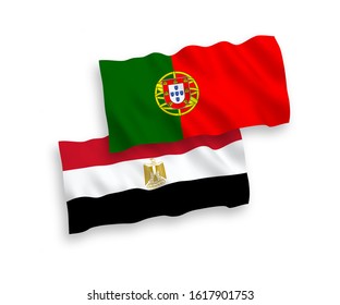 National vector fabric wave flags of Portugal and Egypt isolated on white background. 1 to 2 proportion.