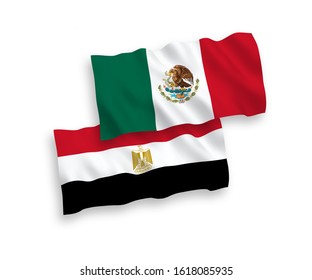 National vector fabric wave flags of Mexico and Egypt isolated on white background. 1 to 2 proportion.