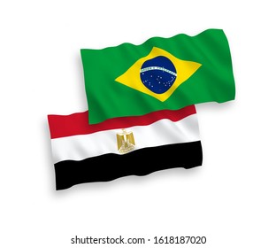 National vector fabric wave flags of Brazil and Egypt isolated on white background. 1 to 2 proportion.