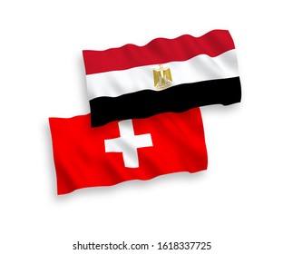 National vector fabric wave flags of Egypt and Switzerland isolated on white background. 1 to 2 proportion.