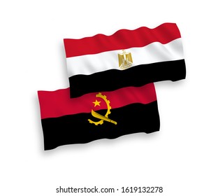 National vector fabric wave flags of Egypt and Angola isolated on white background. 1 to 2 proportion.