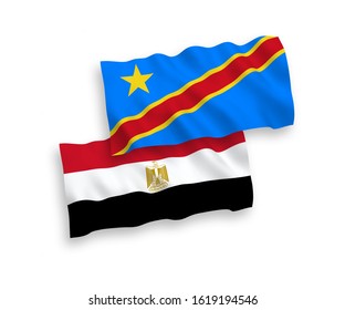 National vector fabric wave flags of Egypt and Democratic Republic of the Congo isolated on white background. 1 to 2 proportion.