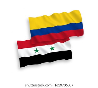 National vector fabric wave flags of Colombia and Syria isolated on white background. 1 to 2 proportion.
