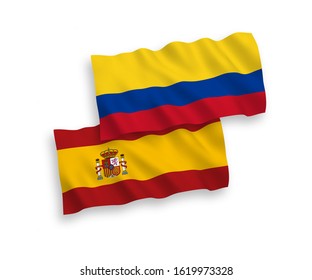 National vector fabric wave flags of Colombia and Spain isolated on white background. 1 to 2 proportion.