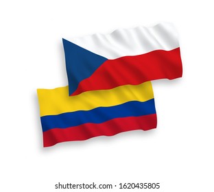 National vector fabric wave flags of Romania and Colombia isolated on white background. 1 to 2 proportion.