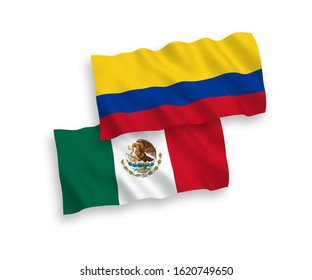 National vector fabric wave flags of Mexico and Colombia isolated on white background. 1 to 2 proportion.