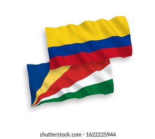 National vector fabric wave flags of Colombia and Seychelles isolated on white background. 1 to 2 proportion.
