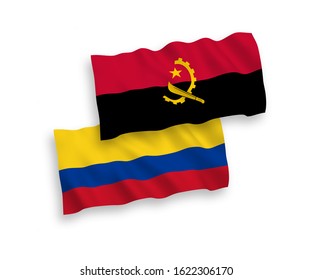 National vector fabric wave flags of Colombia and Angola isolated on white background. 1 to 2 proportion.