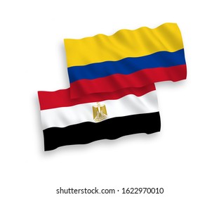 National vector fabric wave flags of Colombia and Egypt isolated on white background. 1 to 2 proportion.